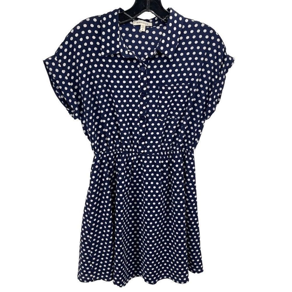 Monteau Womens Polka Dots Dress Mini Short Sleeve Button Pocket Large Blue White